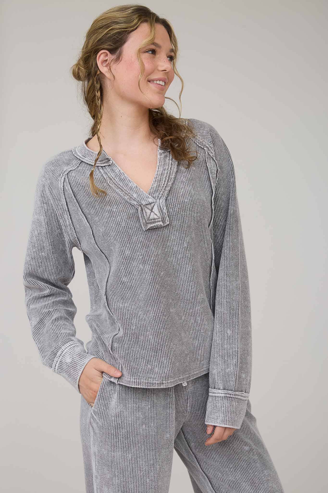 In My Comfy Era Mineral Washed Ribbed Split Neck Long Sleeve Knit Top