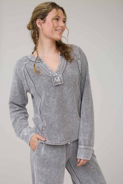 In My Comfy Era Mineral Washed Ribbed Split Neck Long Sleeve Knit Top