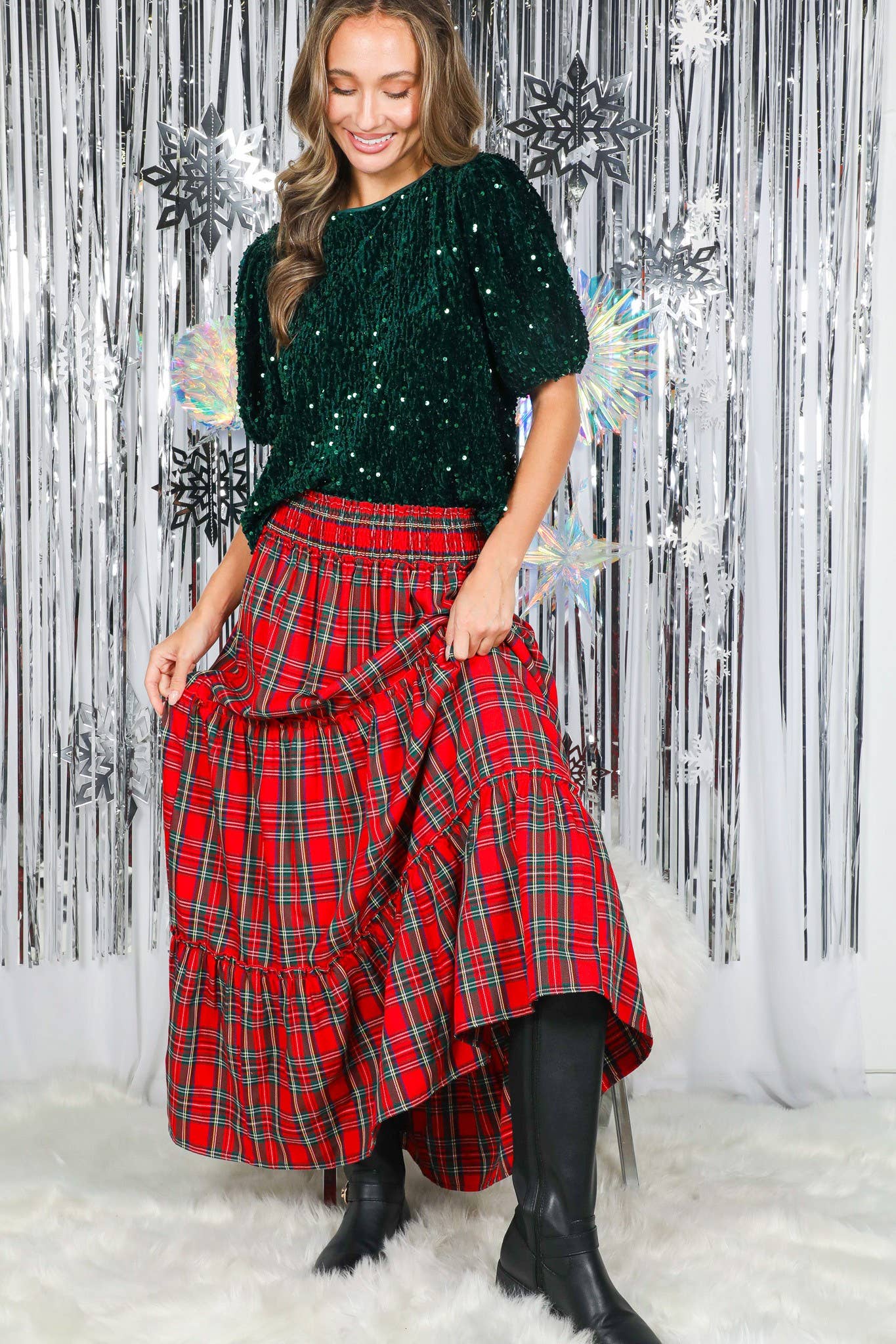 Feelin’ Festive Flowy Plaid Tiered Maxi Skirt
