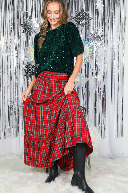 Feelin’ Festive Flowy Plaid Tiered Maxi Skirt