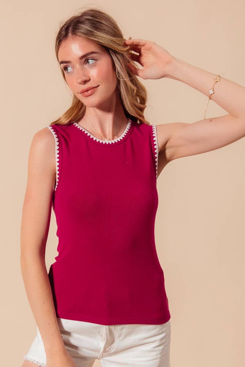 RIB SLEEVELESS TANK TOP EMBROIDERY DETAIL