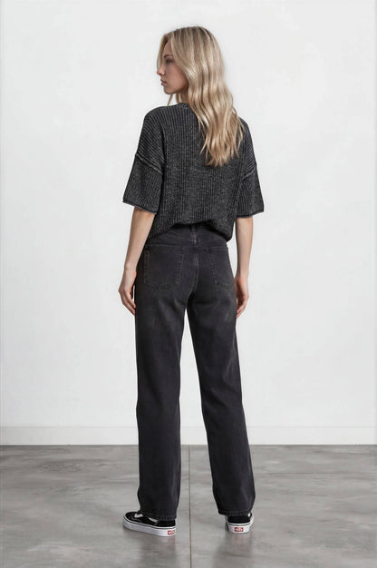 WASHED CREW NECK RAW EDGE SHORT SLEEVE SWEATER