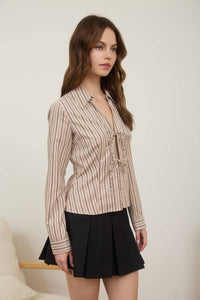 Pulling Strings Striped Collared Long Sleeve Front Tie Shirt
