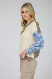 Mix & Match Checkered Denim Sleeve Knit Sweater