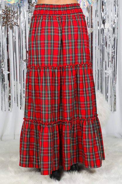 Feelin’ Festive Flowy Plaid Tiered Maxi Skirt