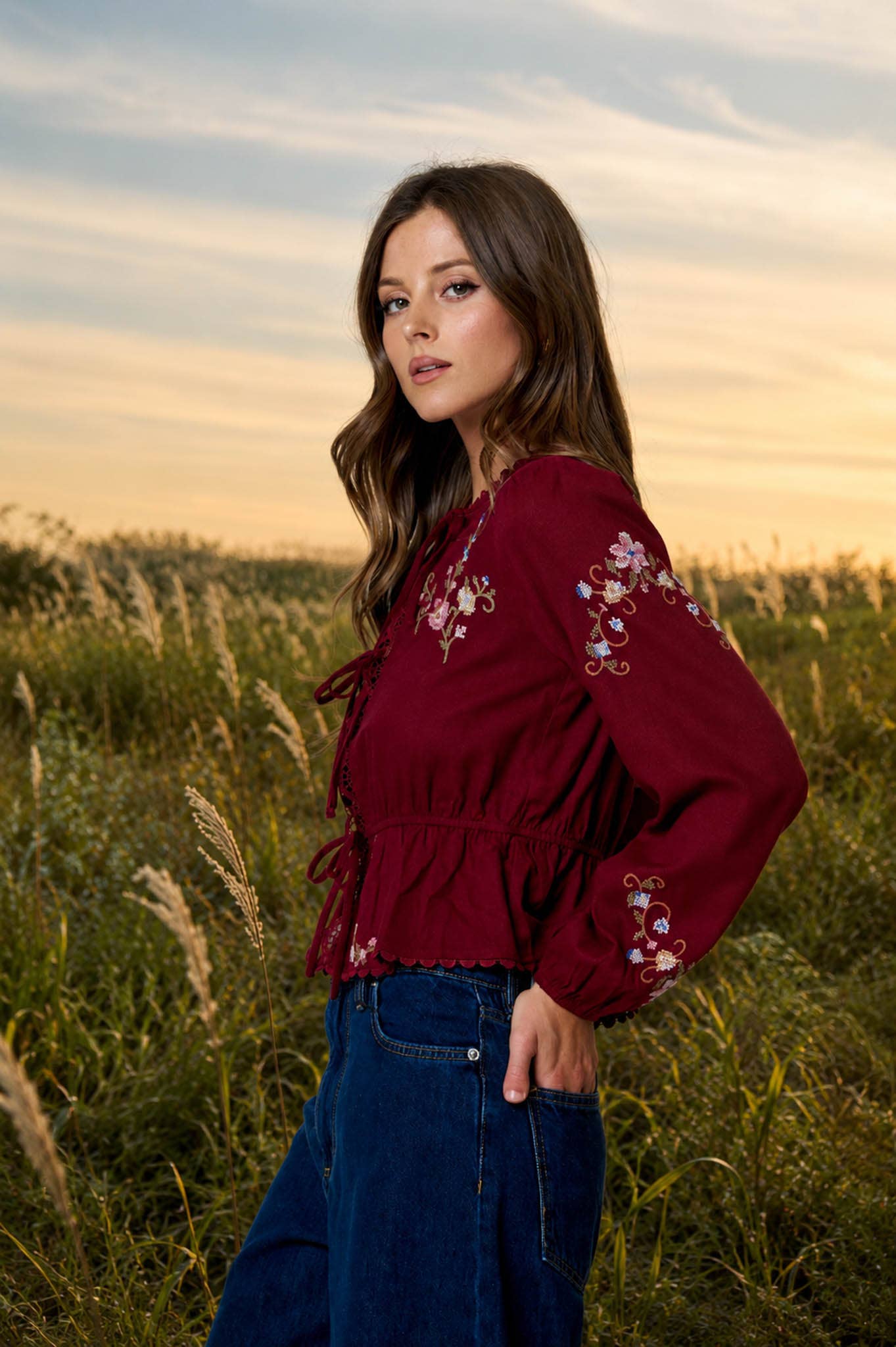 FLORAL EMBROIDERY CROCHET LACE TRIM FRONT TIE TOP