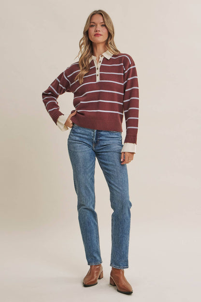 MODERN HERITAGE STRIPE HENLEY TWOFER SWEATER TOP