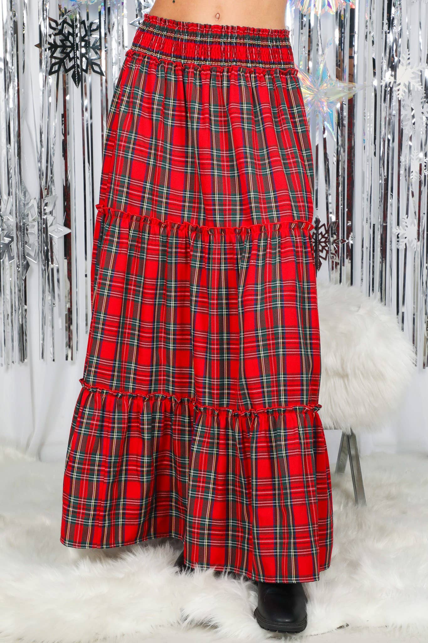 Feelin’ Festive Flowy Plaid Tiered Maxi Skirt