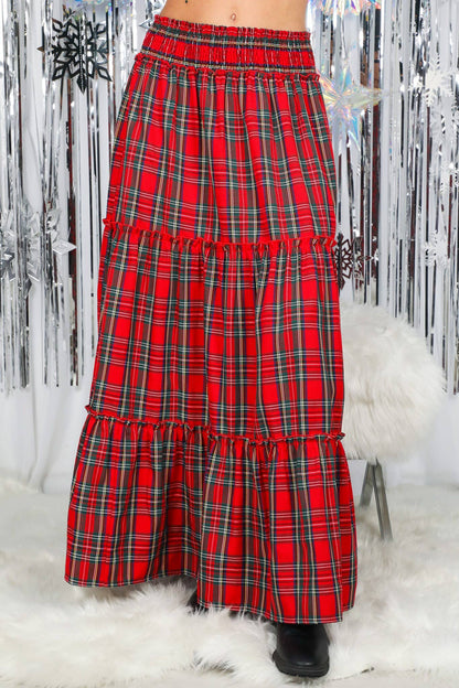 Feelin’ Festive Flowy Plaid Tiered Maxi Skirt