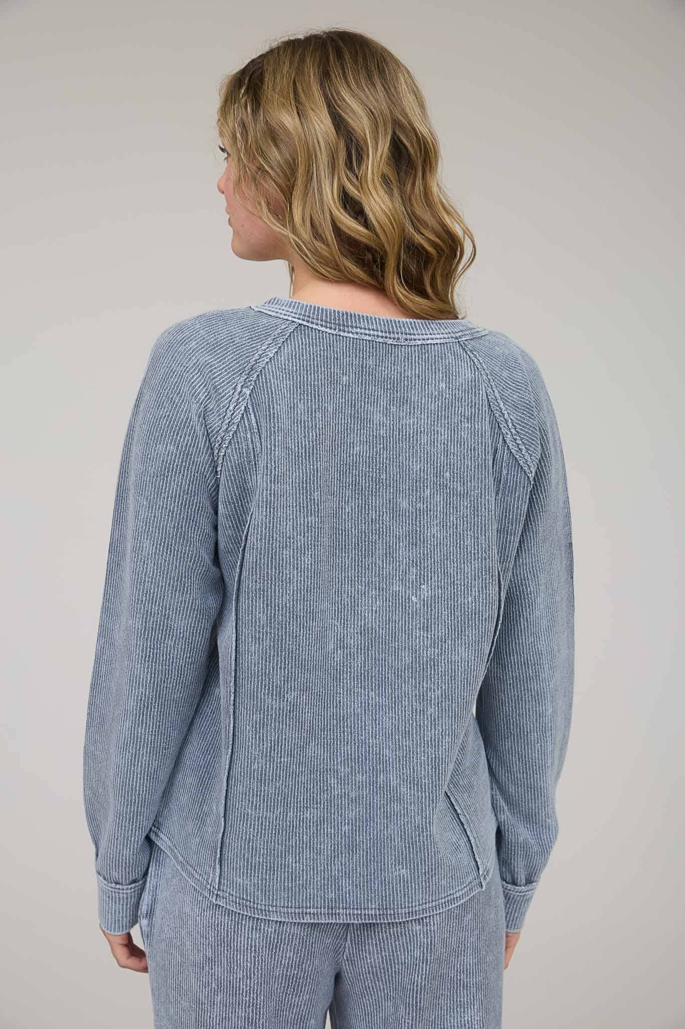 In My Comfy Era Mineral Washed Ribbed Split Neck Long Sleeve Knit Top