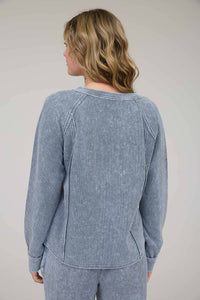 In My Comfy Era Mineral Washed Ribbed Split Neck Long Sleeve Knit Top