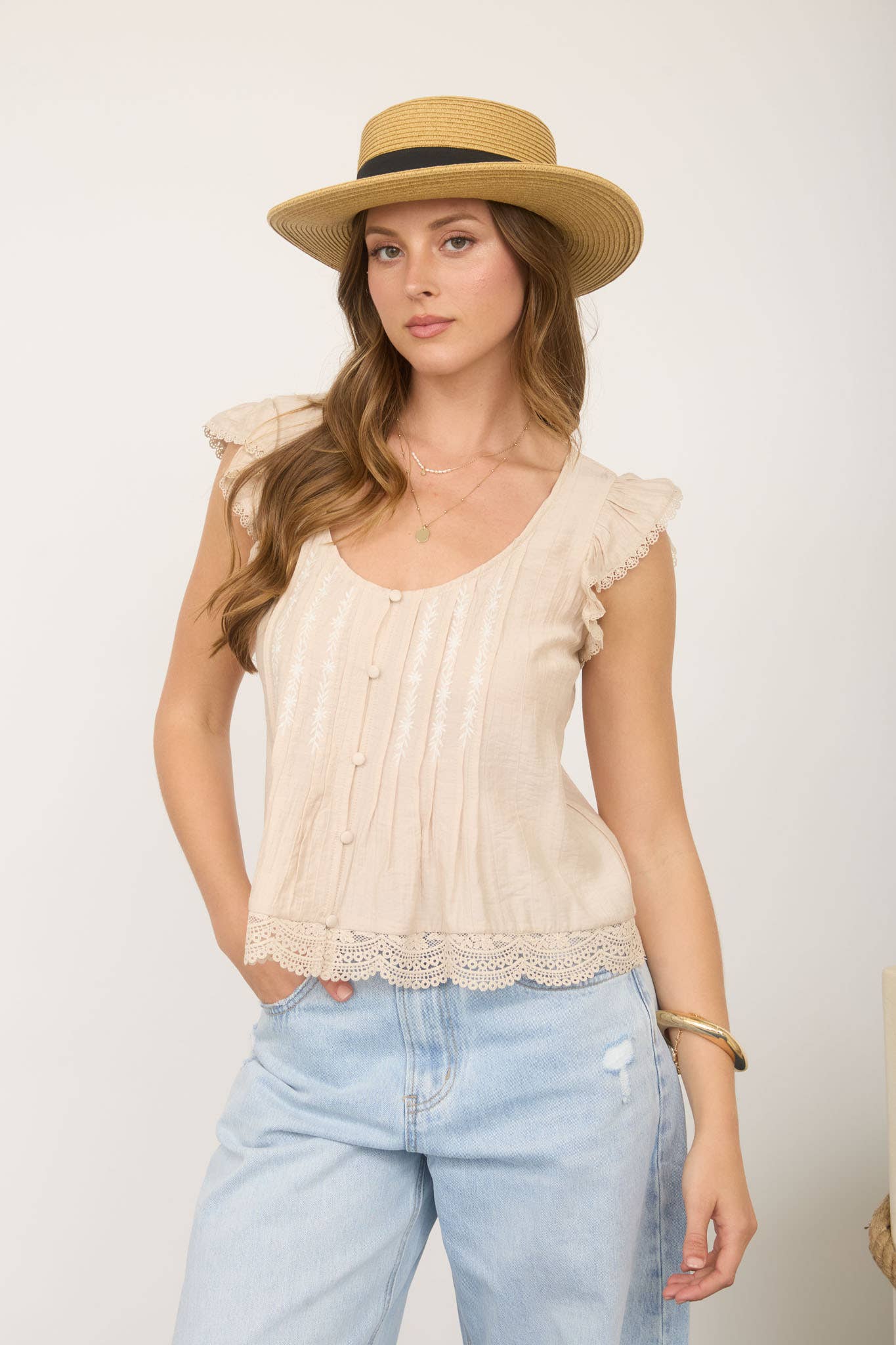 EMBROIDERY LACE TRIM PINTUCK BUTTON DOWN TOP