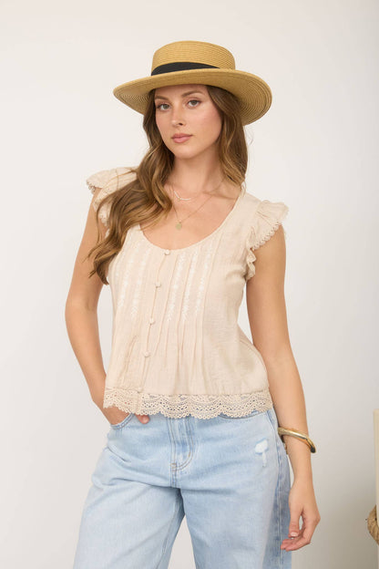 EMBROIDERY LACE TRIM PINTUCK BUTTON DOWN TOP