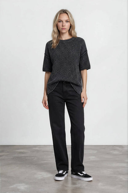 WASHED CREW NECK RAW EDGE SHORT SLEEVE SWEATER