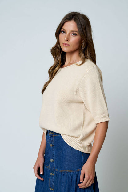 RAW EDGE HALF SLEEVE SWEATER KNIT TOP