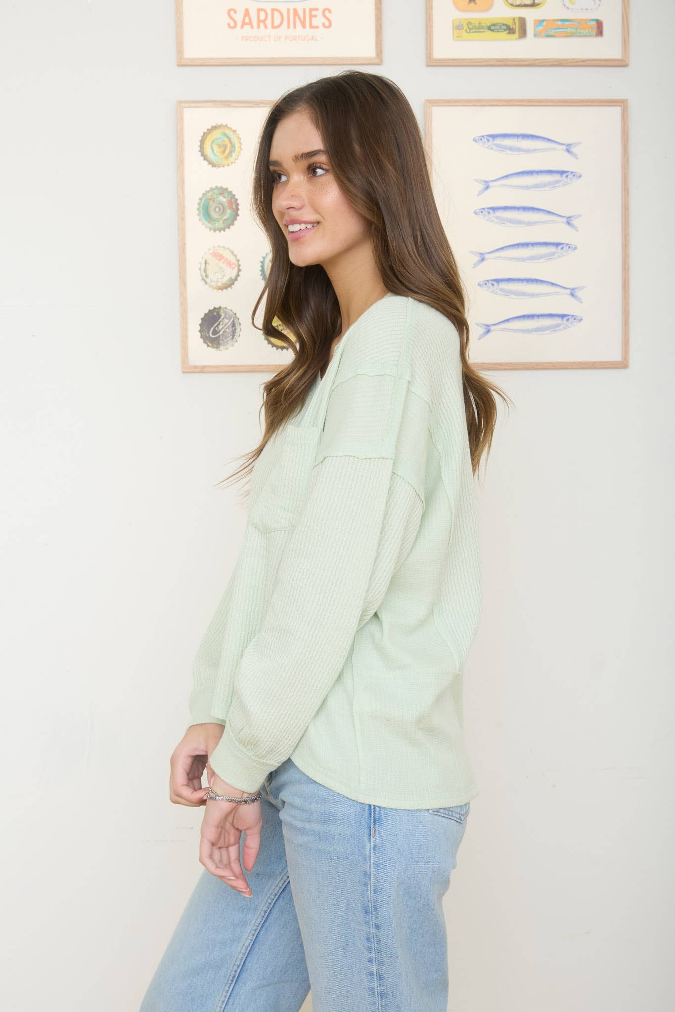 Lime Light Split Neck Ribbed Knit Top