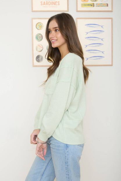 Lime Light Split Neck Ribbed Knit Top
