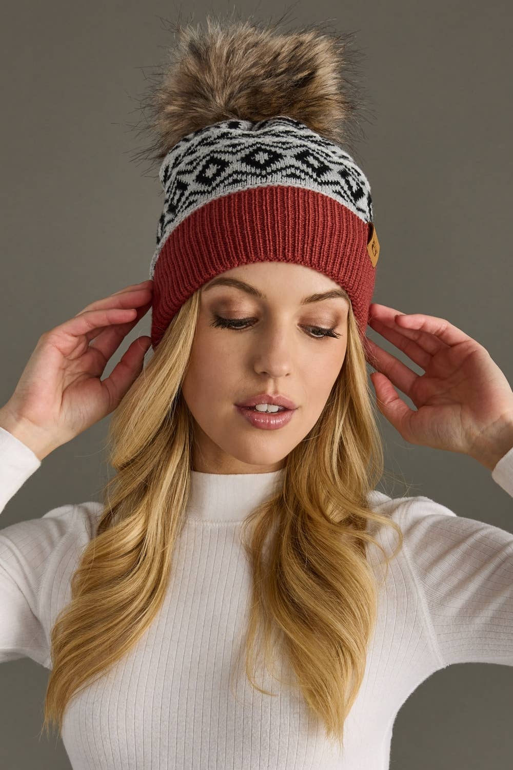 Gray, Black & Rust Pattern Pom Hat