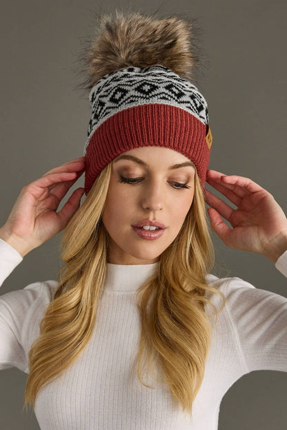 Gray, Black & Rust Pattern Pom Hat