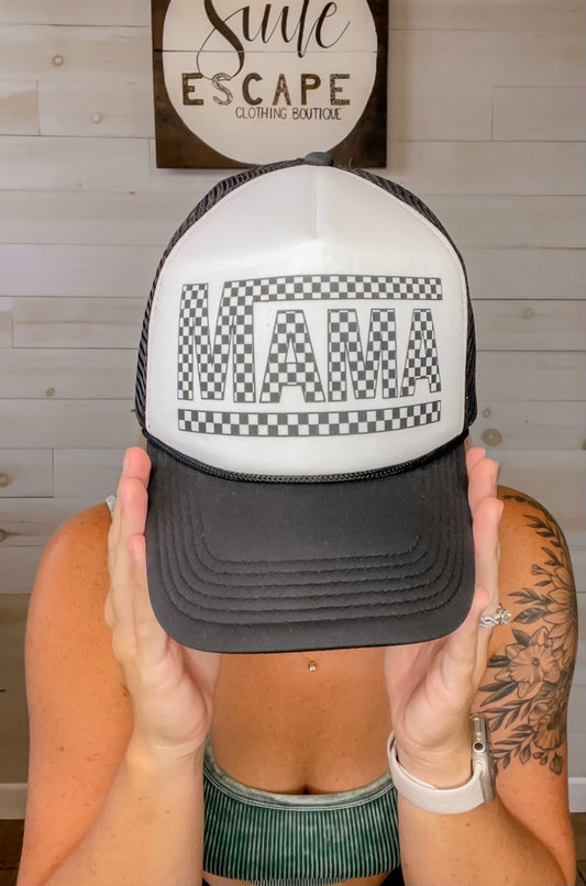Checkered Mama Ponytail Trucker Hat