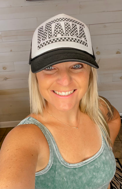 Checkered Mama Ponytail Trucker Hat