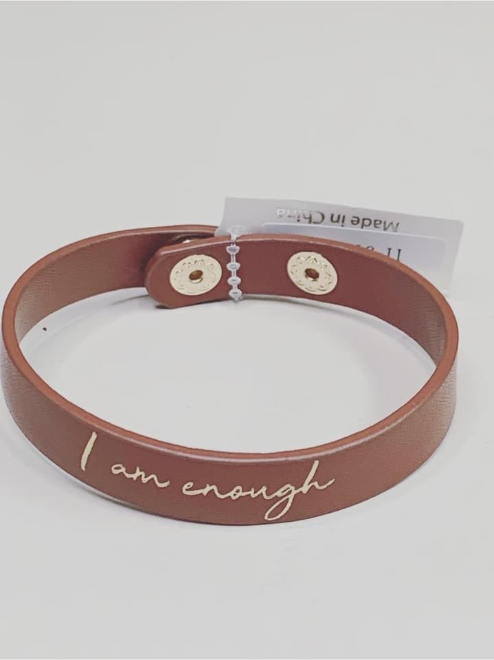 Cognac “I Am Enough” Leather Two Snap Button Closure Bracelet