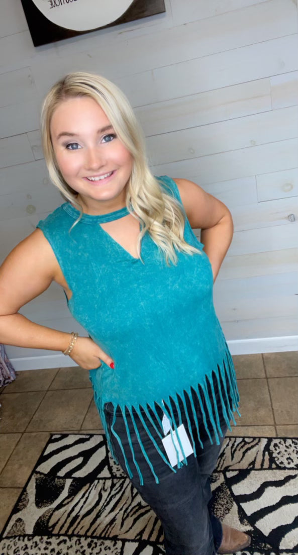 Turquoise Mineral Dyed Fringe Keyhole Top