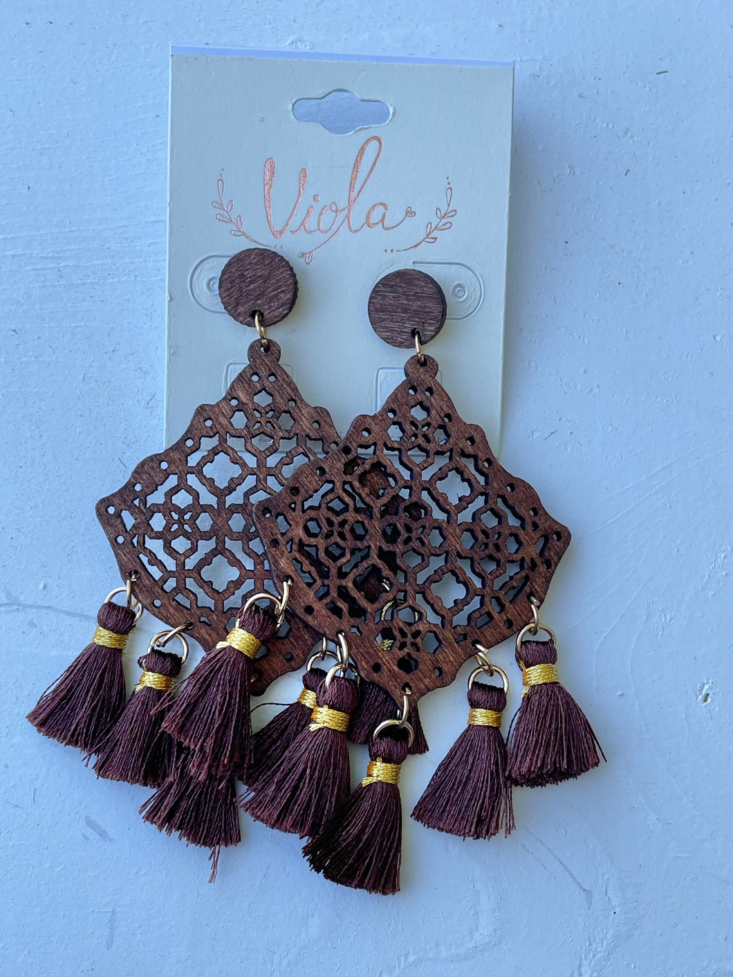 Brown Wooden Tassel Earrings