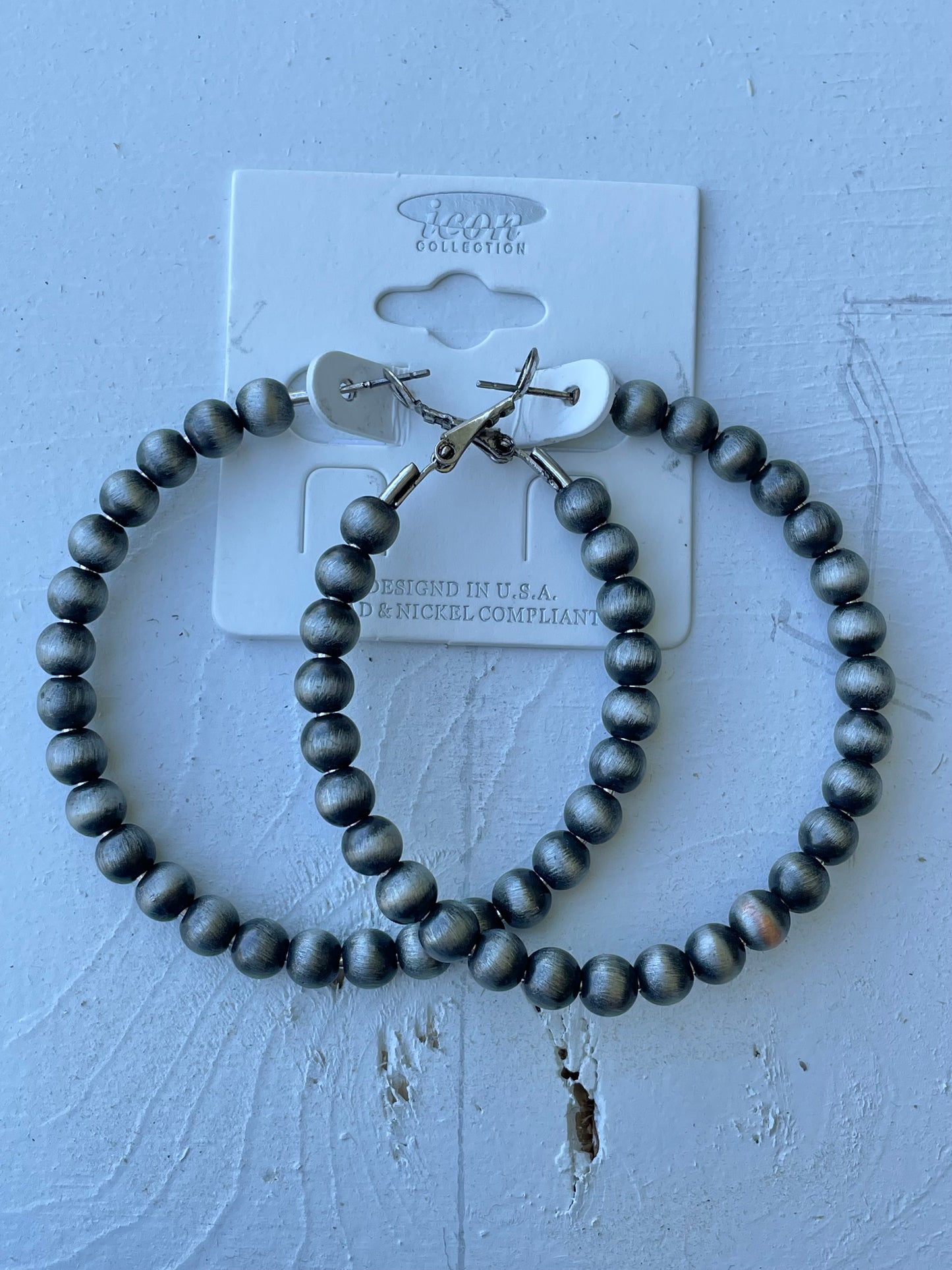 Gray Beaded Hoop Earrings